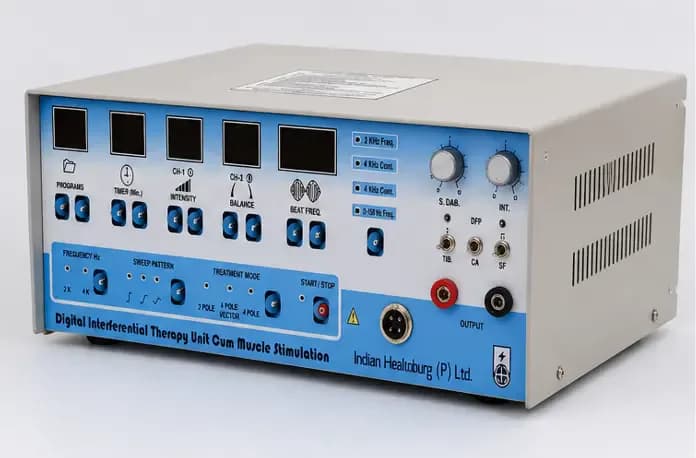 Digital Interferential Therapy Unit Cum Muscle Stimulation machine with dual-channel output, frequency controls, and digital display for physiotherapy and rehabilitation treatments.