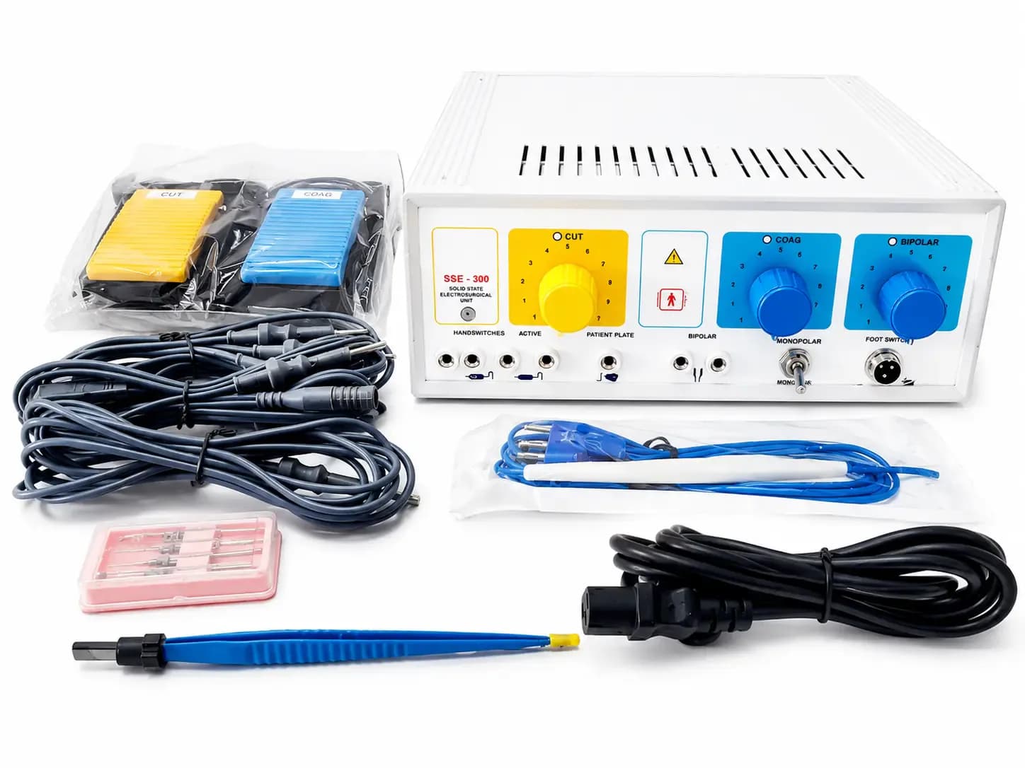 300W Electrosurgical Unit for Bipolar & Monopolar Surgery with Complete Accessories 300W electrosurgical unit with bipolar and monopolar controls, dual foot switches, patient plate, handpiece, power cable, and complete surgical accessory kit.