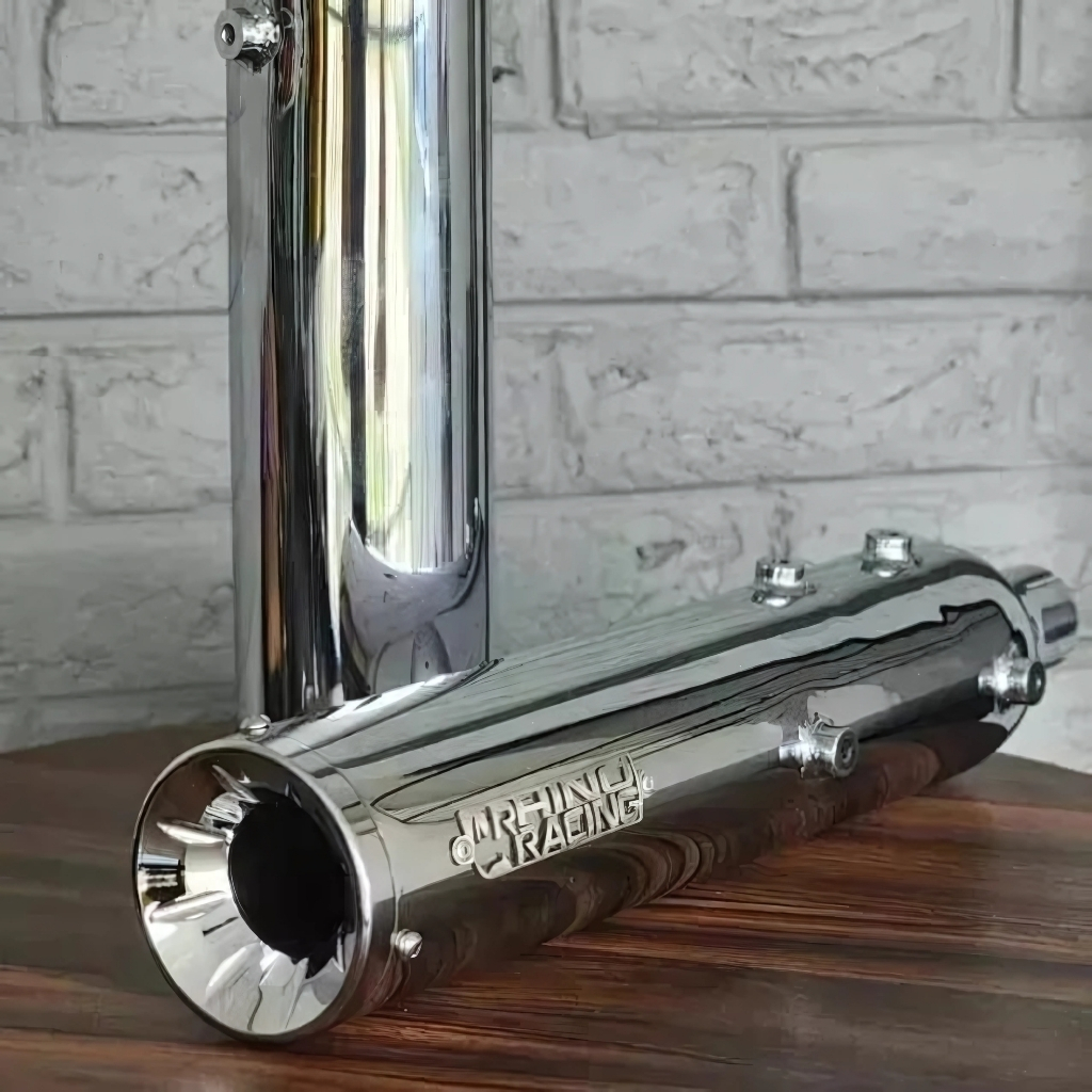 Premium stainless steel Royal Enfield exhaust silencer pair for Super Meteor 650, enhancing performance and sound quality.