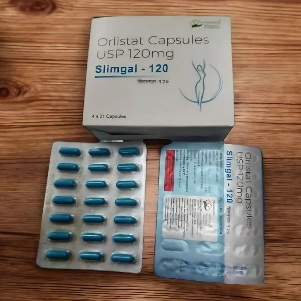 Slimgal 120 mg Capsules for weight loss, featuring a bottle with 84 capsules designed to boost metabolism and suppress appetite.