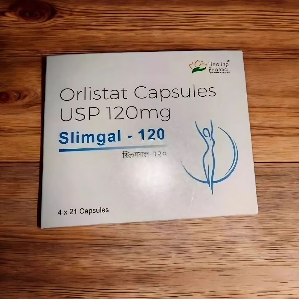 Slimgal 120 mg Capsules for weight loss, featuring a bottle with 84 capsules designed to boost metabolism and suppress appetite.