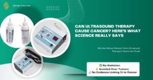 Ultrasound therapy being applied to patient's knee with text highlighting safety, no radiation, and no cancer risk