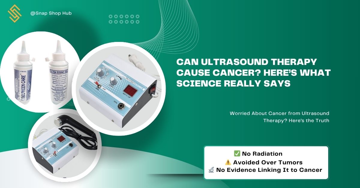 Ultrasound therapy being applied to patient's knee with text highlighting safety, no radiation, and no cancer risk