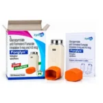 Glycopyrrolate and Formoterol Fumarate Forglyn inhaler with 120-dose counter, orange mouthpiece cap, product packaging and patient information leaflet.