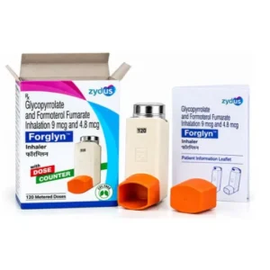 Glycopyrrolate and Formoterol Fumarate Forglyn inhaler with 120-dose counter, orange mouthpiece cap, product packaging and patient information leaflet.