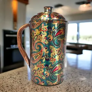 Brocade Printed Pure Copper Jug with 4 Glass